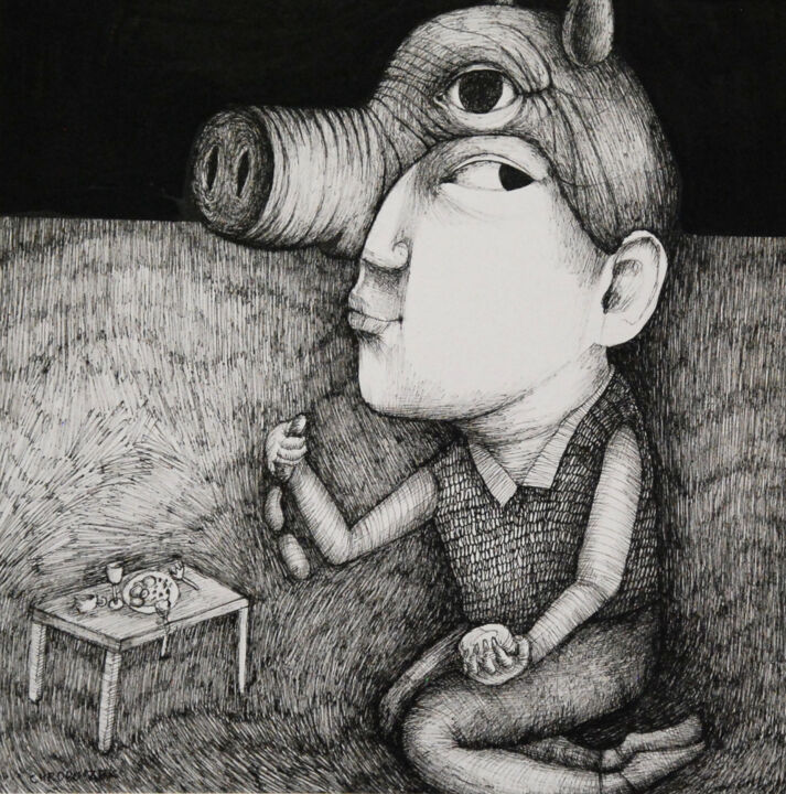 Drawing titled "Masque cochon" by Hanna Chroboczek, Original Artwork, Ink