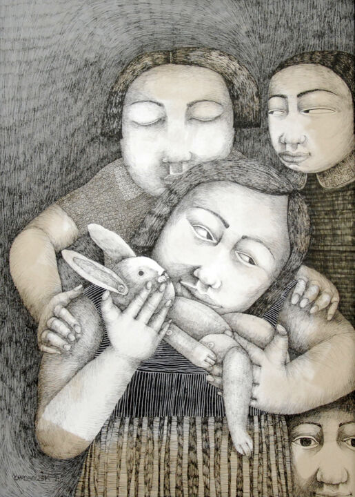 「Enfant et son doudo…」というタイトルの描画 Hanna Chroboczekによって, オリジナルのアートワーク, インク