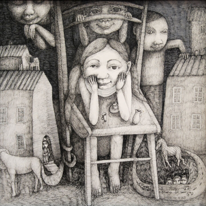 Drawing titled "La chaise haute" by Hanna Chroboczek, Original Artwork, Ink