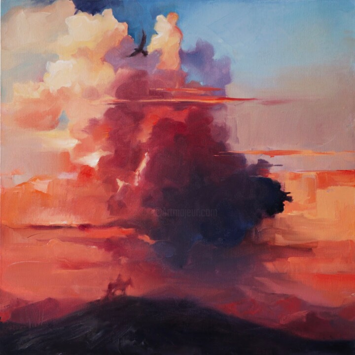 Malarstwo zatytułowany „Sunset and the Rider” autorstwa Hanna Melekhavets, Oryginalna praca, Olej Zamontowany na Drewniana r…
