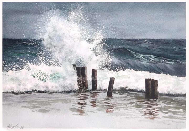 Pittura intitolato "Wave" da Hanna Samoilenko, Opera d'arte originale, Acquarello