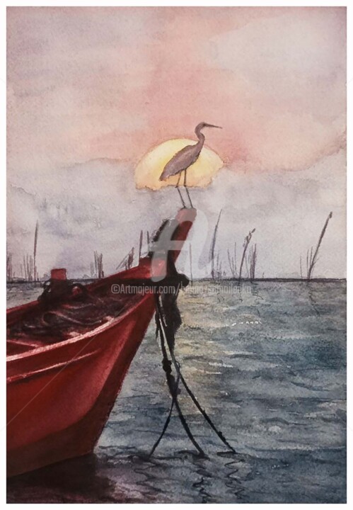 Ζωγραφική με τίτλο "Heron at sunset" από Hanna Samoilenko, Αυθεντικά έργα τέχνης, Ακουαρέλα
