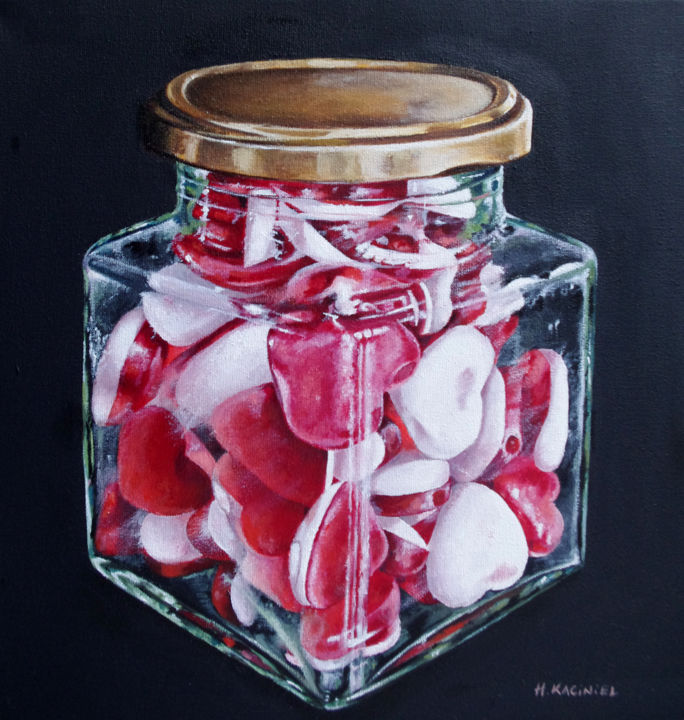 Schilderij getiteld "Jar of Hearts, Fram…" door Hanna Kaciniel, Origineel Kunstwerk, Olie