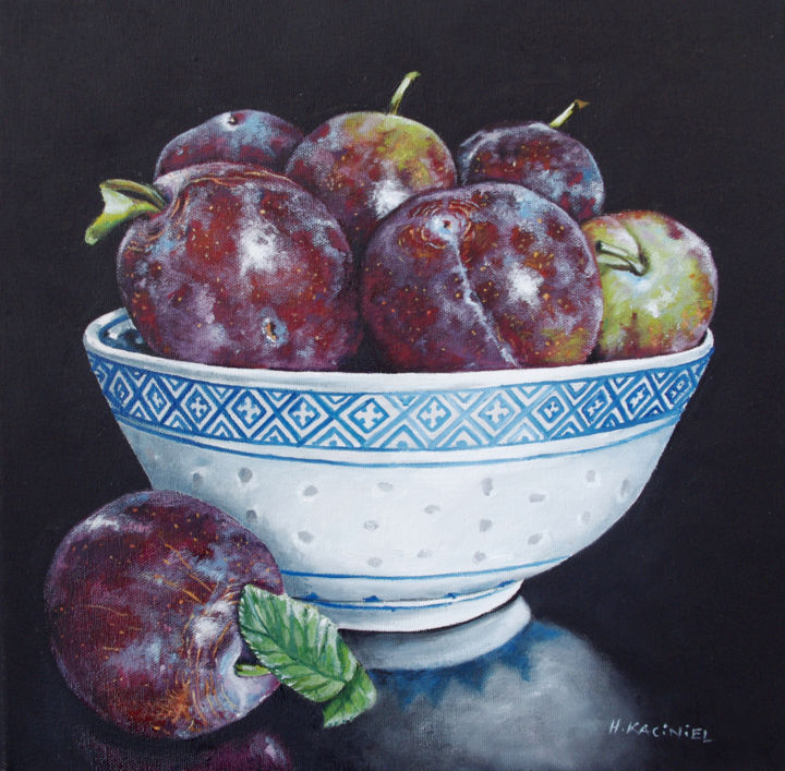 Painting titled "A Bowl of Plums" by Hanna Kaciniel, Original Artwork, Oil