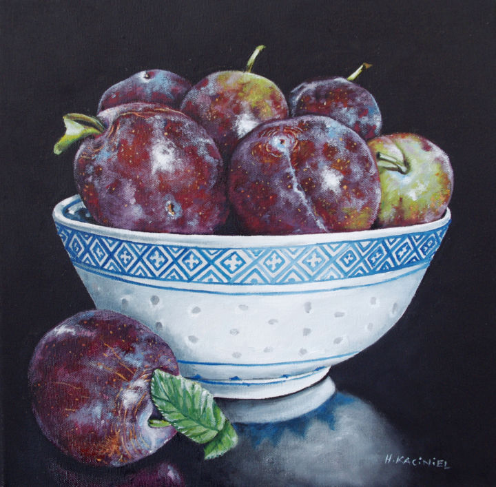 Malarstwo zatytułowany „A Bowl of Plums” autorstwa Hanna Kaciniel, Oryginalna praca, Olej