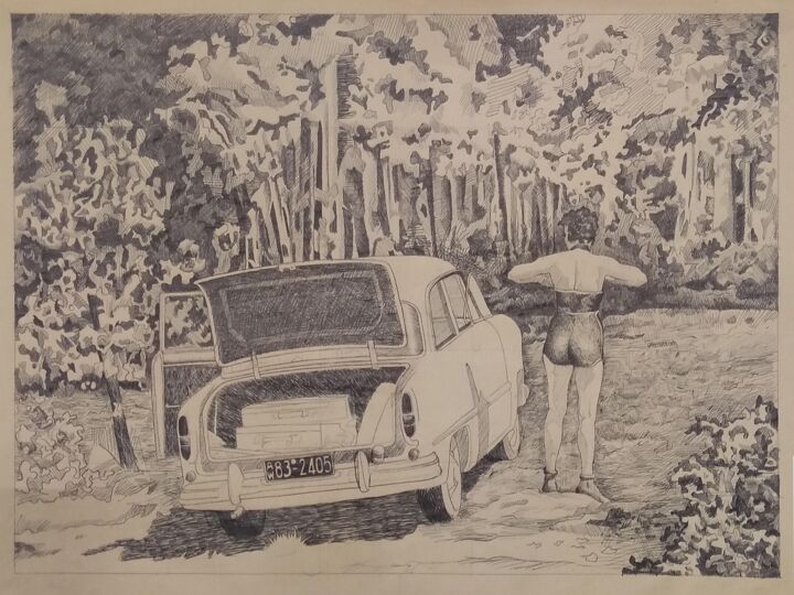 Disegno intitolato "Picknick in den Fün…" da Hannes Hofstetter, Opera d'arte originale, Biro