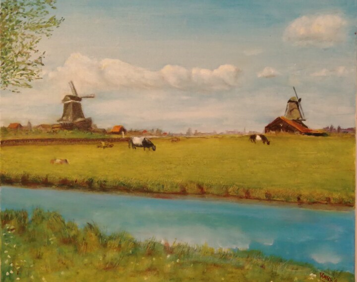 Painting titled "Zaanse, schans" by Hans Dutch Artist, Original Artwork, Oil