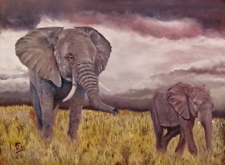 Painting titled "Elephants" by Hans Dutch Artist, Original Artwork, Oil