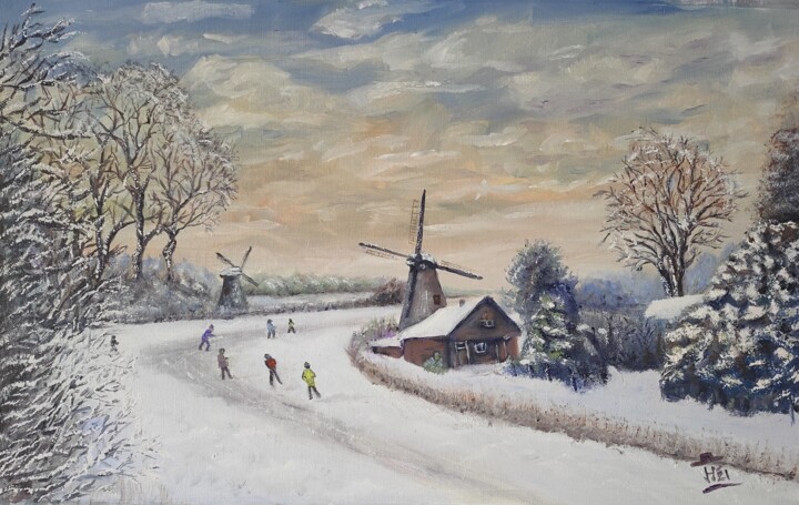 Pintura titulada "Hiver en Pays-Bas" por Hans Dutch Artist, Obra de arte original, Oleo