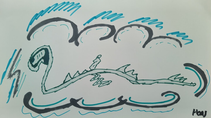 Disegno intitolato "Aquarius Dragon" da Hans Korevaar, Opera d'arte originale, Pennarello