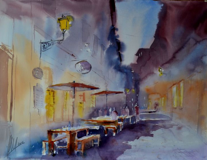 Painting titled "Strassencafe" by Hans-Peter Amherd, Original Artwork, Watercolor