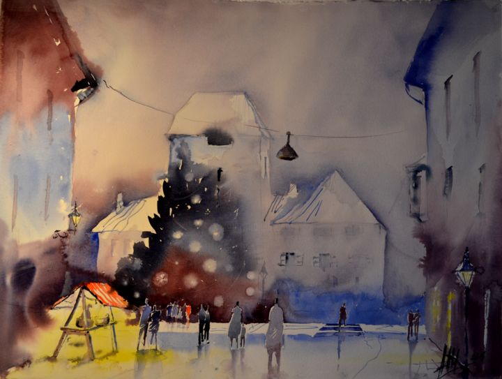 Ζωγραφική με τίτλο "Christmas" από Hans-Peter Amherd, Αυθεντικά έργα τέχνης, Ακουαρέλα