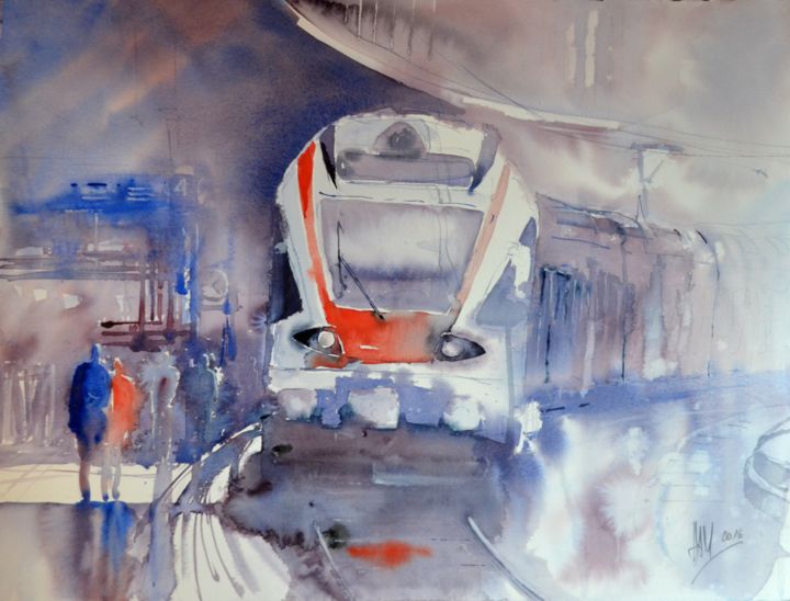 Malerei mit dem Titel "S-Bahn" von Hans-Peter Amherd, Original-Kunstwerk, Aquarell
