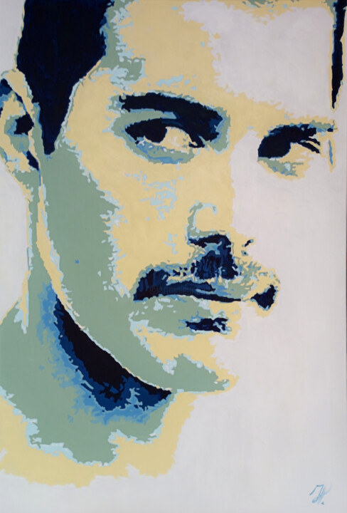 Painting titled "Freddie Mercury pop…" by Hans Veltman, Original Artwork, Oil Mounted on Wood Stretcher frame