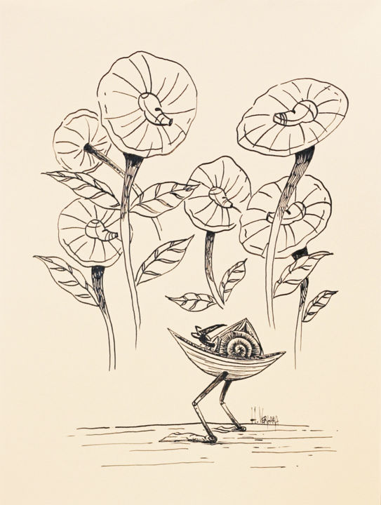 Рисунок под названием "Entre flores" - Hans Vergara, Подлинное произведение искусства, Чернила