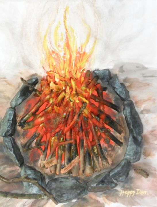 Painting titled "Small camp fire  (P…" by Happy Den, Original Artwork, Acrylic