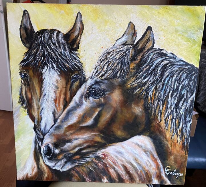Peinture intitulée "chevaux" par Chantal Galerne, Œuvre d'art originale, Huile Monté sur Châssis en bois