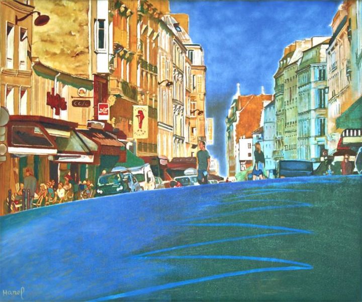 Painting titled "Rue des Abbeses" by Nelly Harel, Original Artwork, Oil