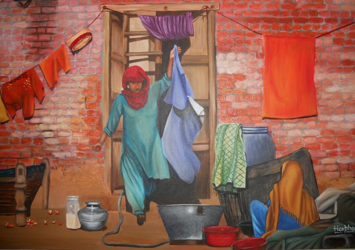 Painting titled "Our Daily Chores" by Harphar, Original Artwork, Acrylic
