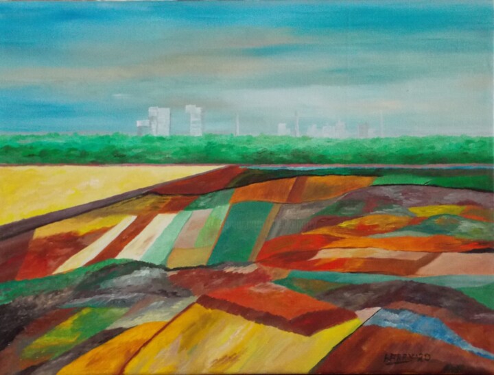 Malerei mit dem Titel "Felder vor der Stadt" von Harry Lübke (hARRY), Original-Kunstwerk, Öl