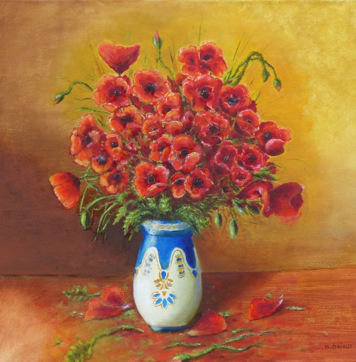 Painting titled "Bouquet de coquelic…" by H. Oriaut, Original Artwork, Oil Mounted on Wood Stretcher frame