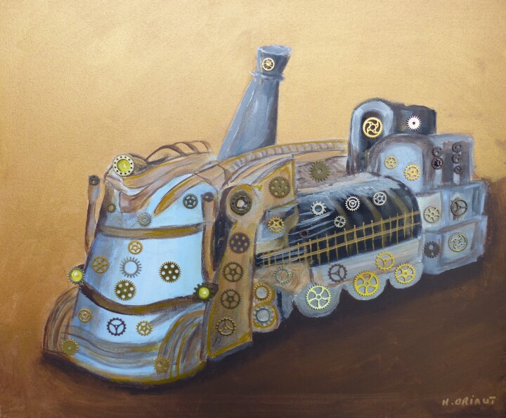 Painting titled "Locomotive (Steampu…" by H. Oriaut, Original Artwork, Acrylic Mounted on Wood Stretcher frame