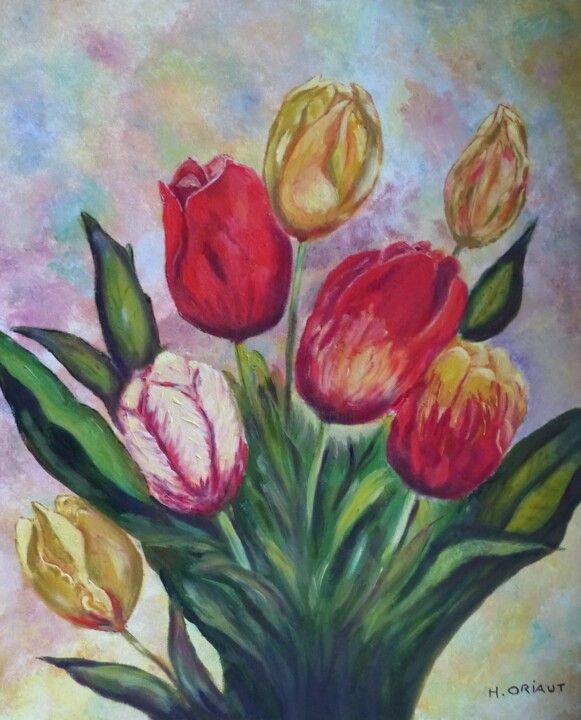 Painting titled "Tulipes" by H. Oriaut, Original Artwork, Oil Mounted on Wood Stretcher frame