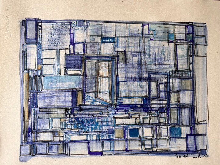 Dessin intitulée "Porta azul 4" par Hartiste, Œuvre d'art originale, Encre