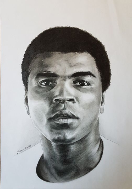Drawing titled "Muhammed Ali" by Harun Ayhan, Original Artwork, Charcoal