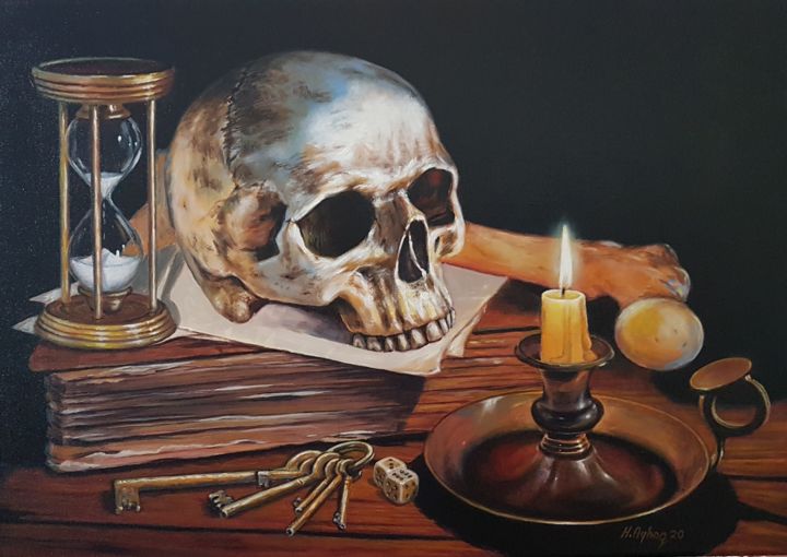 Painting titled "skull and candle" by Harun Ayhan, Original Artwork, Oil