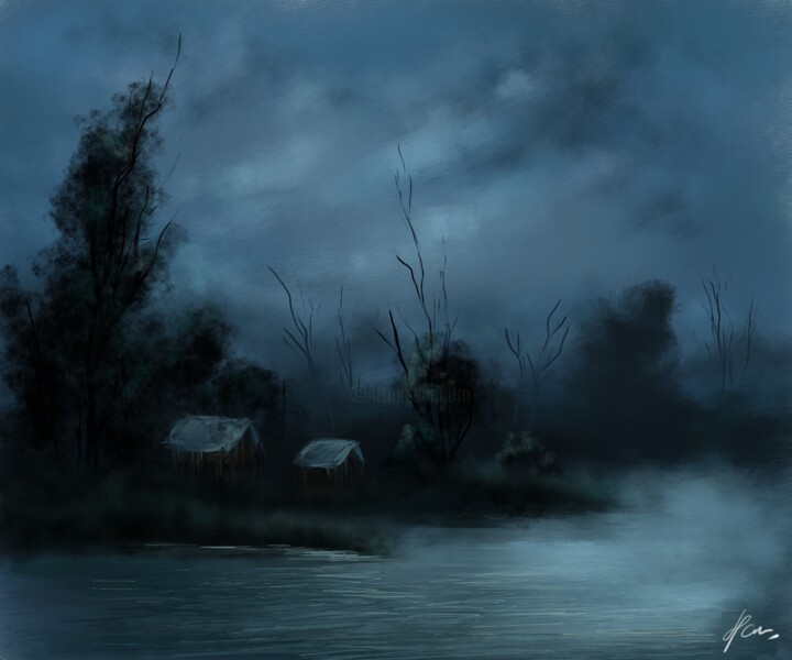 Digitale Kunst getiteld "karanlık göl" door Hasan Aydoğdu, Origineel Kunstwerk, Digitaal Schilderwerk