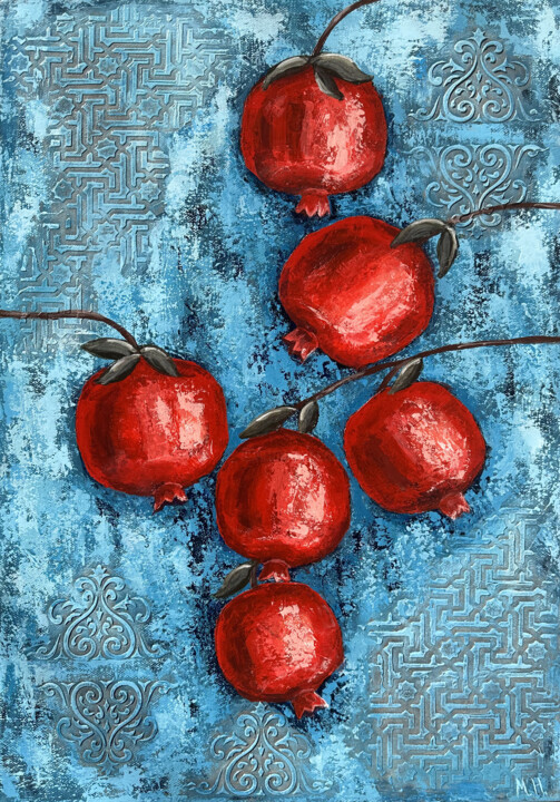 Painting titled "Textured pomegranat…" by Hasmik Mamikonyan, Original Artwork, Acrylic Mounted on Wood Stretcher frame