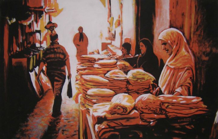 Peinture intitulée "Marché du pain" par Elkhantouti, Œuvre d'art originale, Acrylique