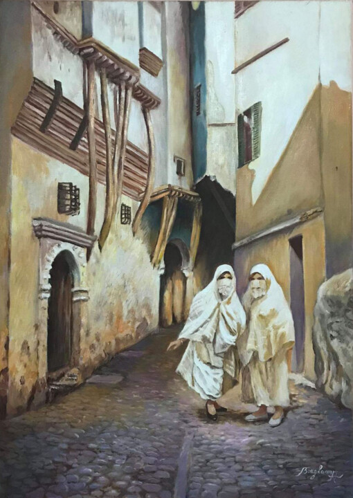 Painting titled "Scène quotidienne d…" by Hassina Bouglam, Original Artwork, Oil