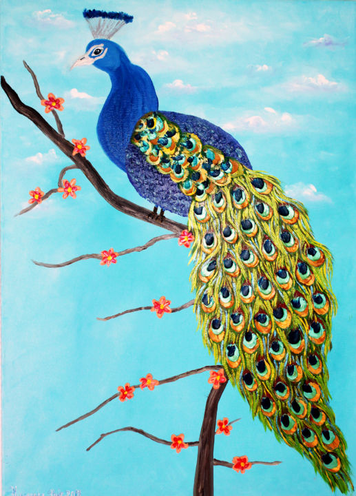 Peinture intitulée "Peacock" par Abir Hassouna, Œuvre d'art originale, Huile