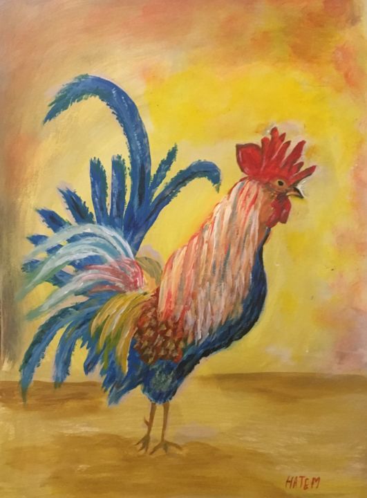 Painting titled "Happy rooster" by Hatem Ibrahim, Original Artwork, Acrylic