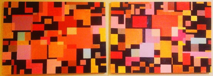 Painting titled "A moving squares" by Hatemart, Original Artwork, Oil Mounted on Wood Stretcher frame