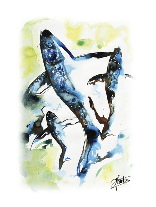 Peinture intitulée "Vol de baleine" par Stéphane Hauton (O), Œuvre d'art originale, Aquarelle