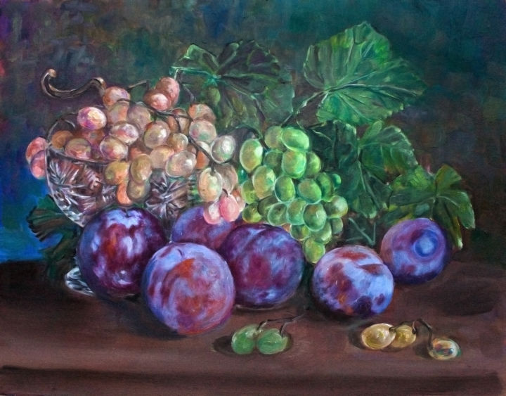 Картина под названием "Grapes and  plums" - Galina-Hava, Подлинное произведение искусства, Масло