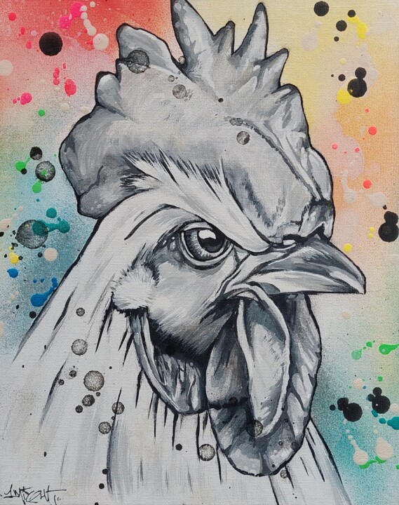 Painting titled "Le regard du coq su…" by Onemight, Original Artwork, Acrylic
