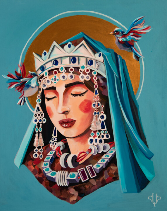 Painting titled "Caucasian Madonna" by Hayk Hovhannisyan, Original Artwork, Acrylic Mounted on Wood Stretcher frame