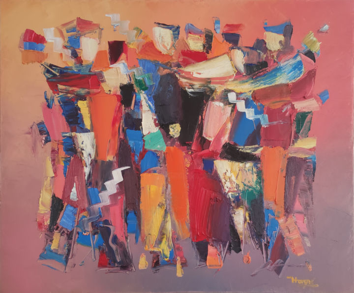 Painting titled "Abstraction-24" by Hayk Miqayelyan, Original Artwork, Oil Mounted on Wood Stretcher frame