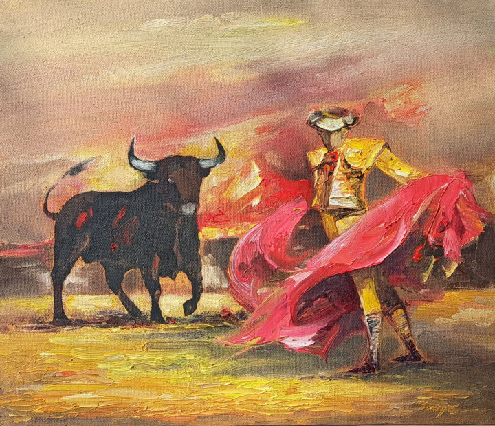 Painting titled "Bullfight (30x35cm…" by Hayk Miqayelyan, Original Artwork, Oil Mounted on Wood Stretcher frame