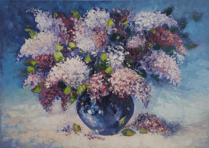 Painting titled "Lilacs (50x70cm, oi…" by Hayk Miqayelyan, Original Artwork, Oil Mounted on Wood Stretcher frame