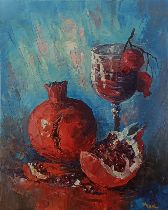Painting titled "Still life with win…" by Hayk Miqayelyan, Original Artwork, Oil Mounted on Wood Stretcher frame