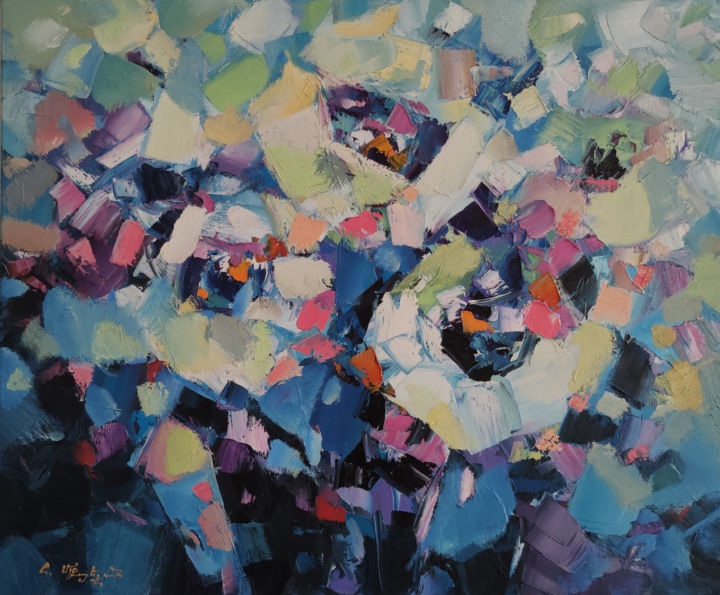Painting titled "Abstract flowers (5…" by Hayk Miqayelyan, Original Artwork, Oil Mounted on Wood Stretcher frame