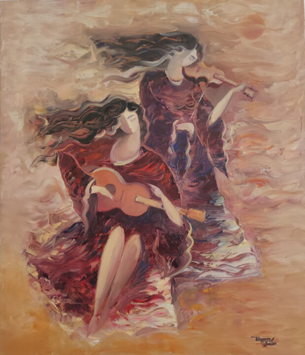 Painting titled "Music duet (60x70cm…" by Hayk Miqayelyan, Original Artwork, Oil Mounted on Wood Stretcher frame