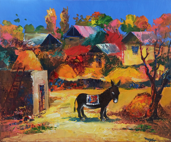 Painting titled "Rural scene (50x60c…" by Hayk Miqayelyan, Original Artwork, Oil Mounted on Wood Stretcher frame