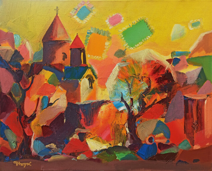 Painting titled "Autumn landscape (5…" by Hayk Miqayelyan, Original Artwork, Oil Mounted on Wood Stretcher frame