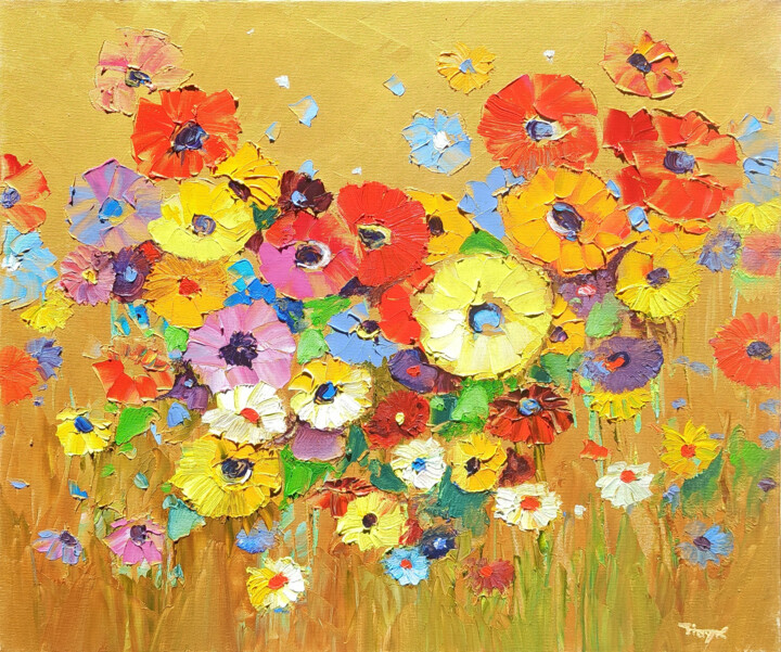 Painting titled "Colorful flowers" by Hayk Miqayelyan, Original Artwork, Oil Mounted on Wood Stretcher frame